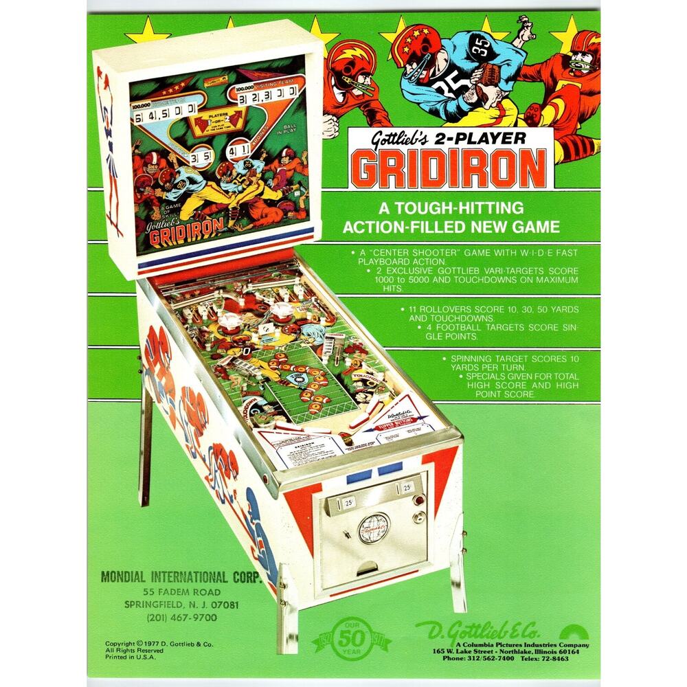 Gridiron 1970's Pinball Machine FLYER Original Vintage Retro Football Game 1977